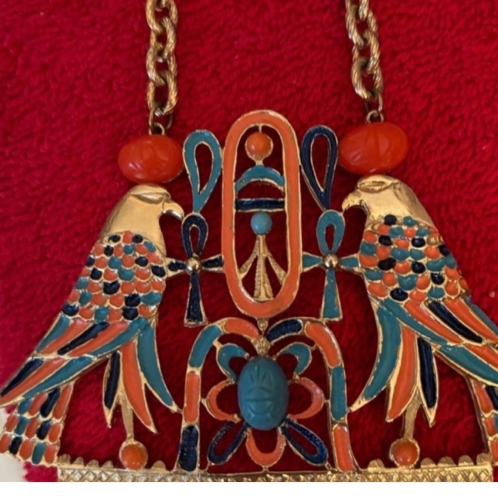Egyptian revival inspired statement necklace turquoise + coral colors detailed .